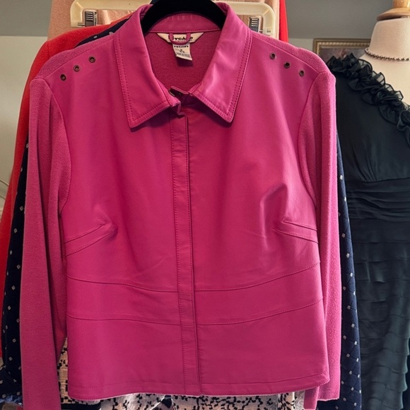 Nvgard Collection Jackets & Blazers - NWOT Leather (Barbie) Pink Women's Mixed Media Blazer with Studded Accents